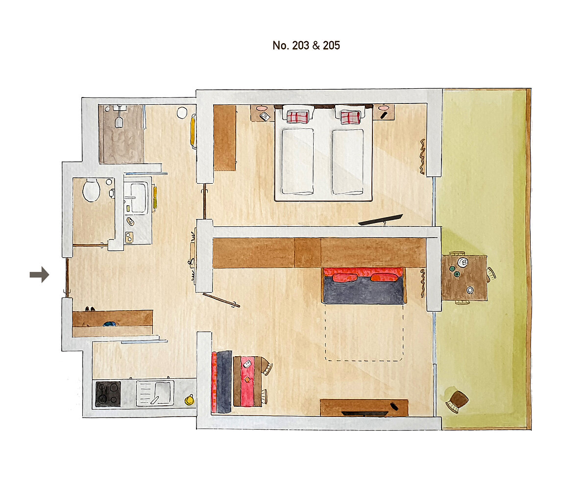 Plattegrond tweepersoonskamer comfort B - Almajur Vakantiehotel Mittelberg Kleinwalsertal