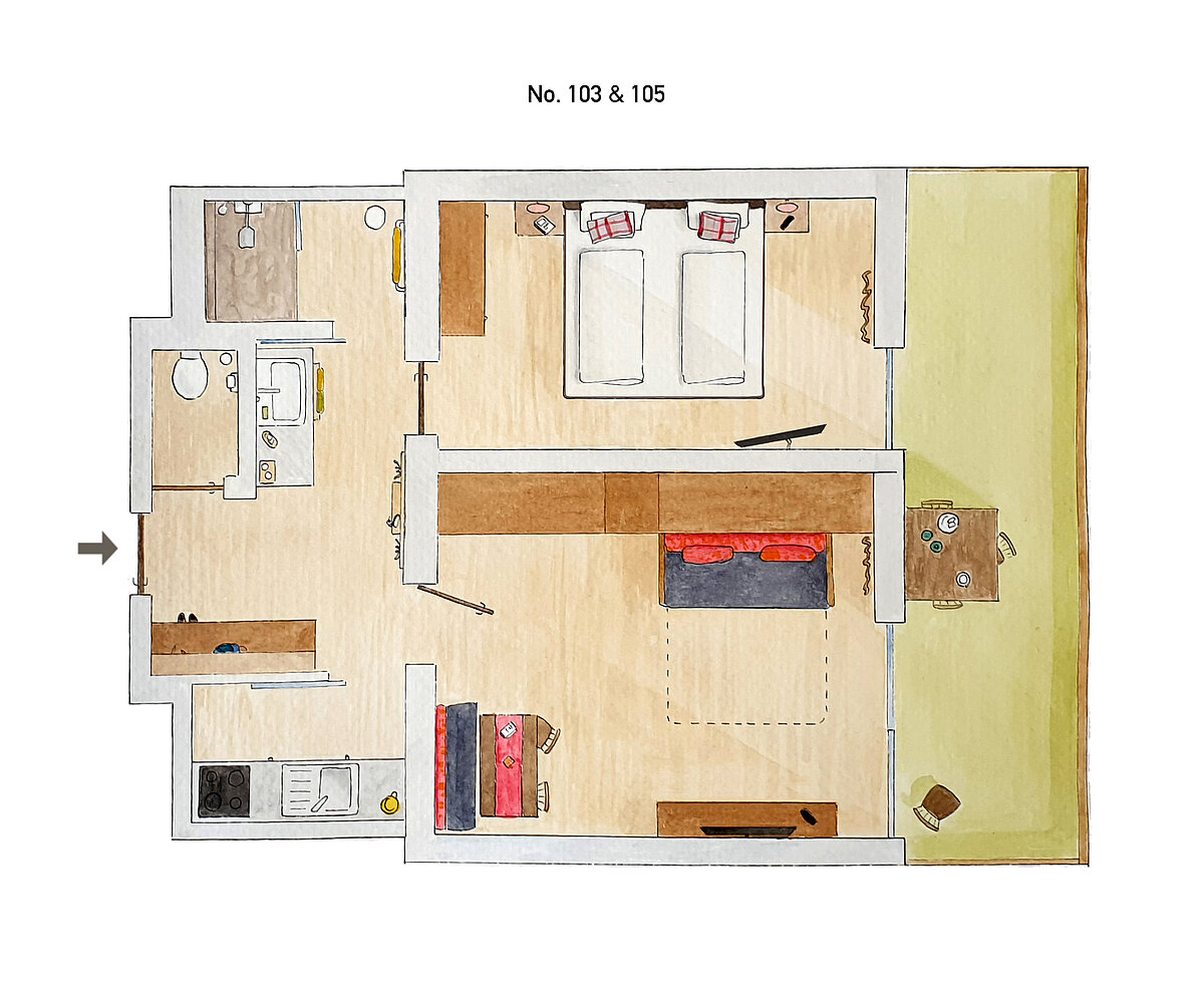 Plattegrond tweepersoonskamer comfort A - Almajur Vakantiehotel Mittelberg Kleinwalsertal