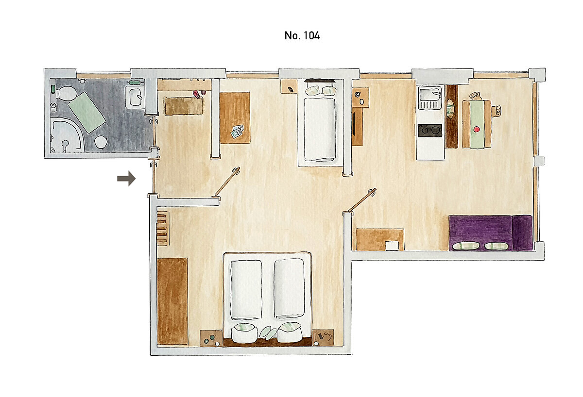 Plattegrond 2-kamerappartement type 33 - Almajur Ferienhotel Mittelberg Kleinwalsertal