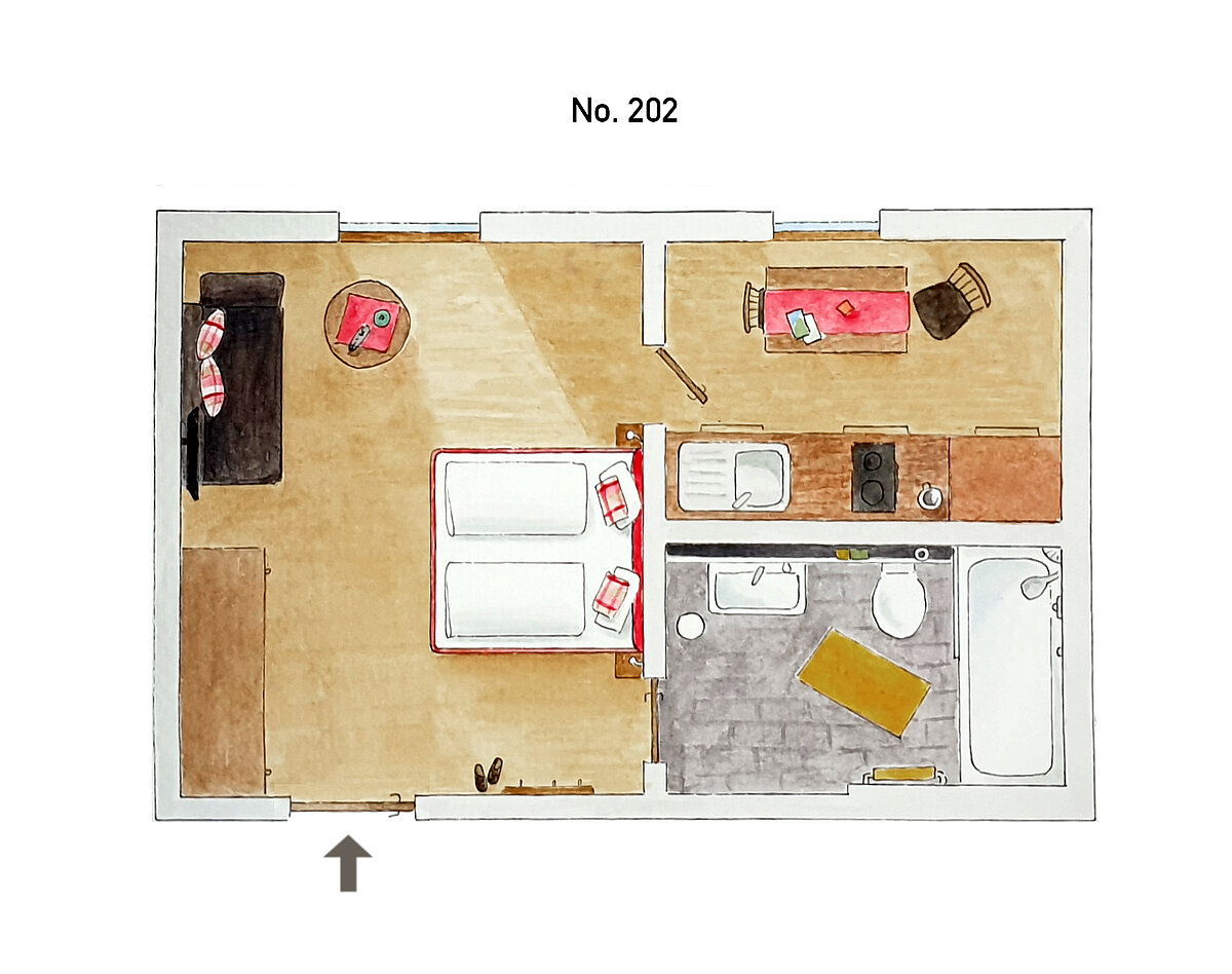 Plattegrond tweepersoonskamer standaard A - Almajur Vakantiehotel Mittelberg
