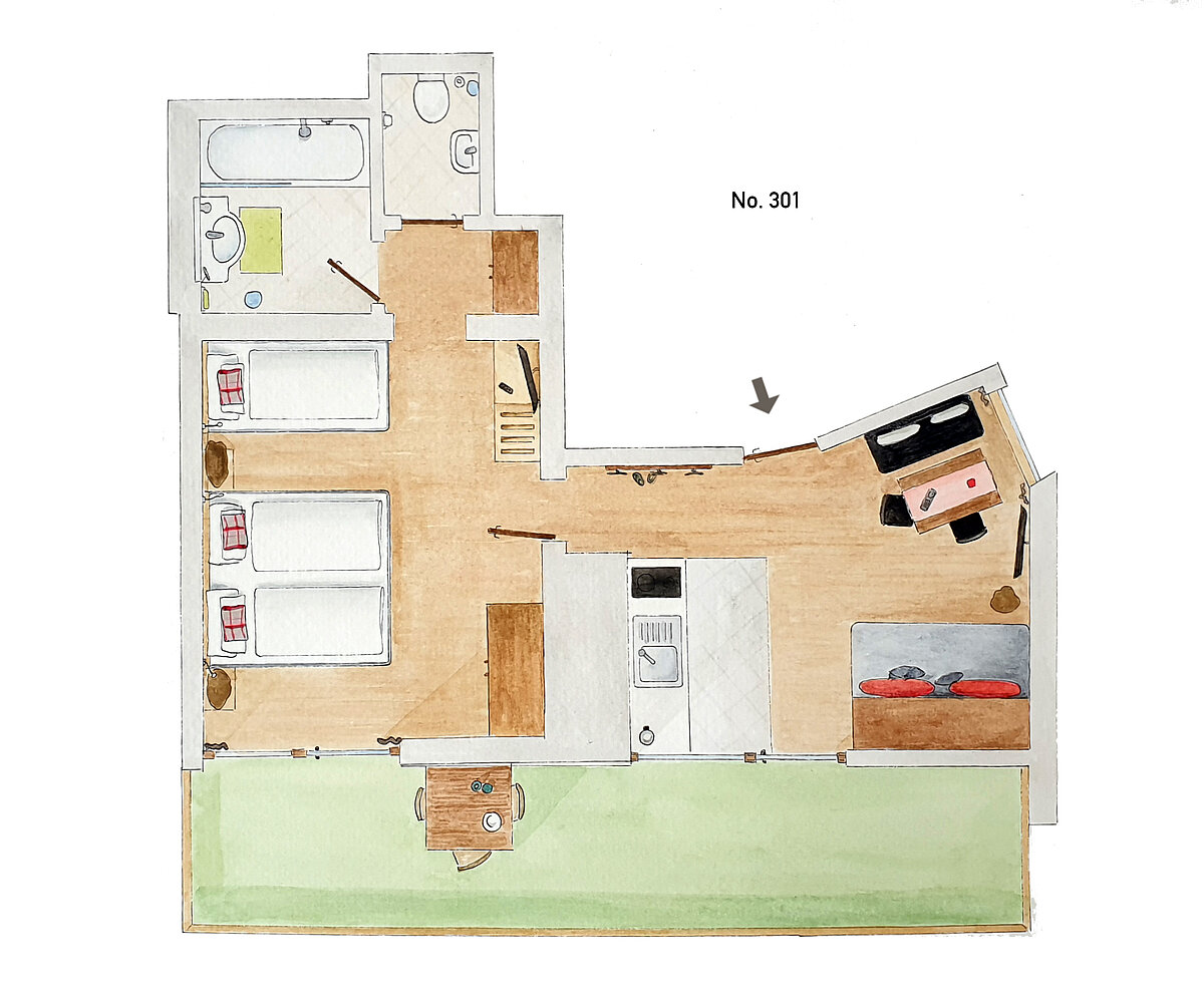 Plattegrond 2-kamerappartement type 21 - Almajur Ferienhotel Mittelberg Kleinwalsertal