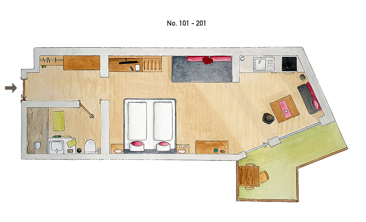 Plattegrond tweepersoonskamer standaard plus A - Almajur Vakantiehotel Mittelberg Kleinwalsertal