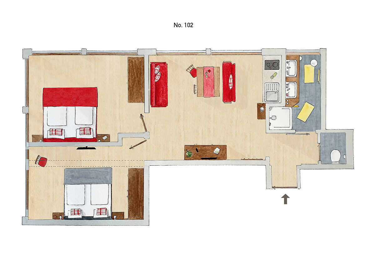 Plattegrond 3-kamerappartement type 34 - Almajur Ferienhotel Mittelberg Kleinwalsertal