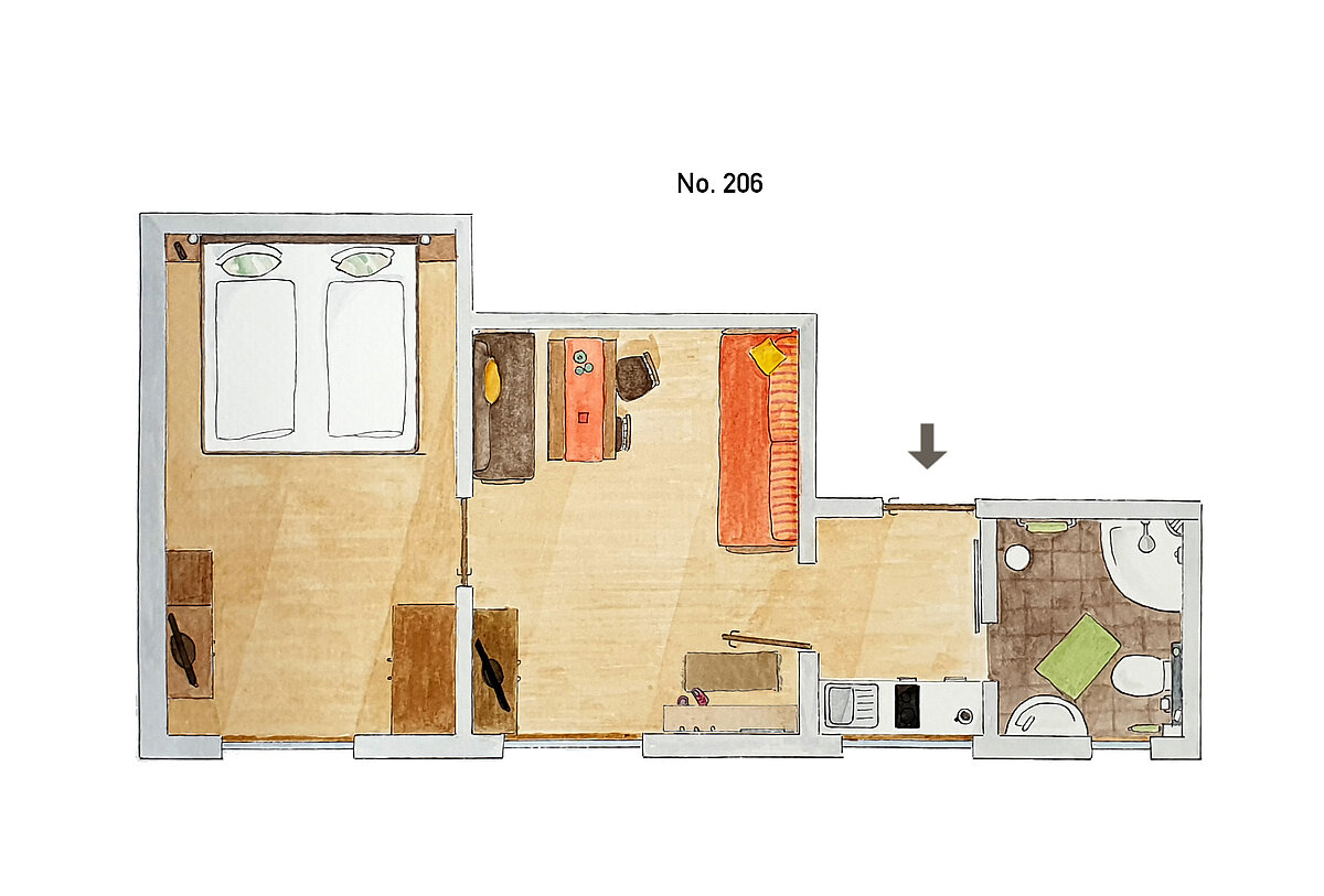 Plattegrond 2-kamerappartement type 32 - Almajur Ferienhotel Mittelberg Kleinwalsertal